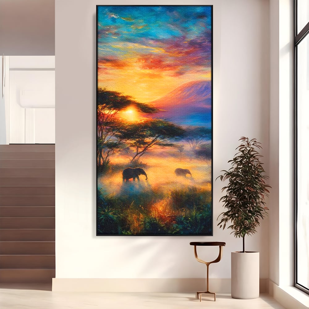 Tablou canvas cu tablou canvas cu elefanti la apus, in rama de aluminiu negru